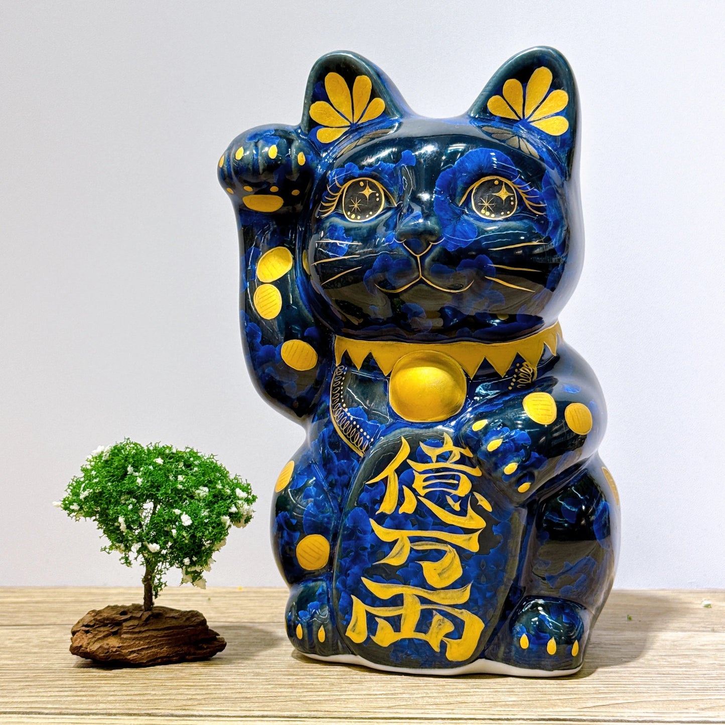 日本清水燒招財貓 青墨 金幣 特大