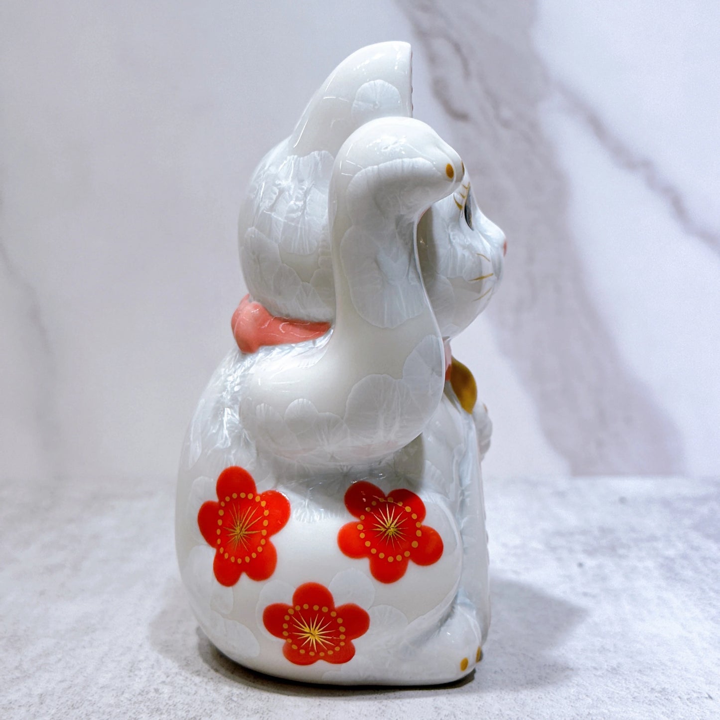 日本清水燒招財貓 花結晶 白 体花 招福 右