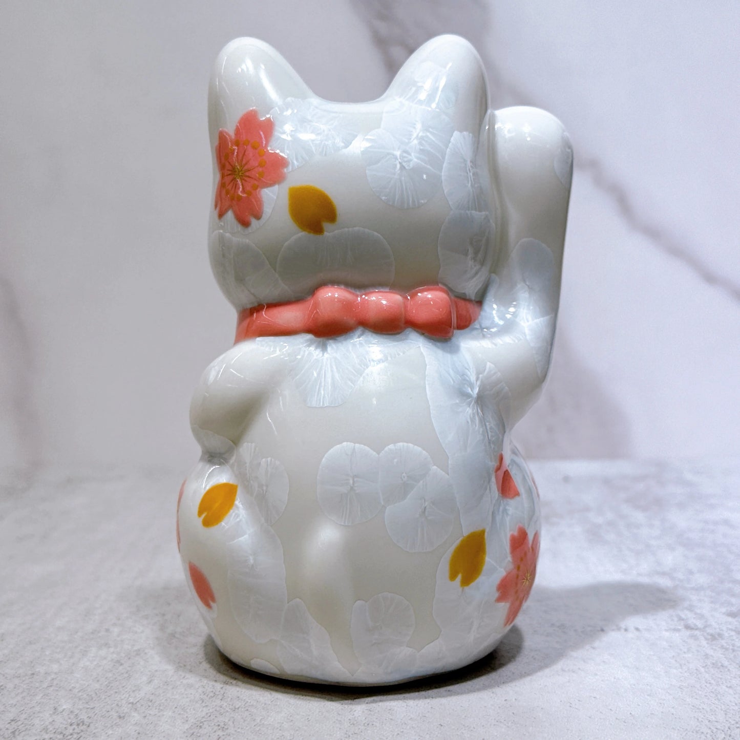日本清水燒招財貓 花結晶 白 体花 招福 右