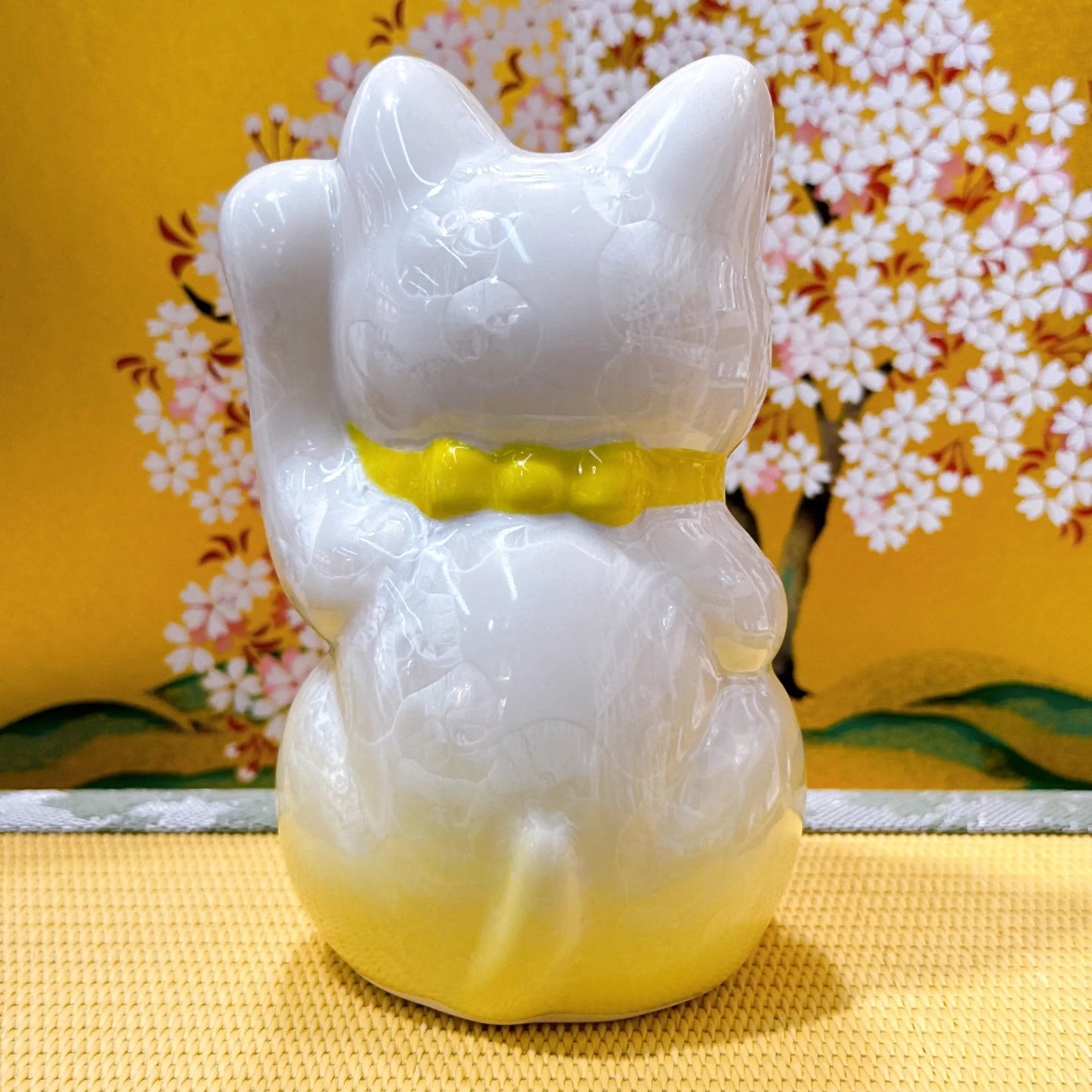 日本清水燒招財貓 花結晶 黃白 千万両 左