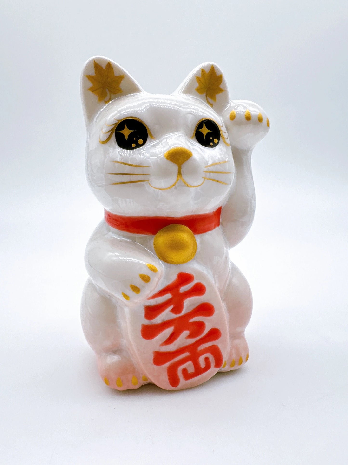 日本清水燒招財貓 花結晶 桃白 千万両 左