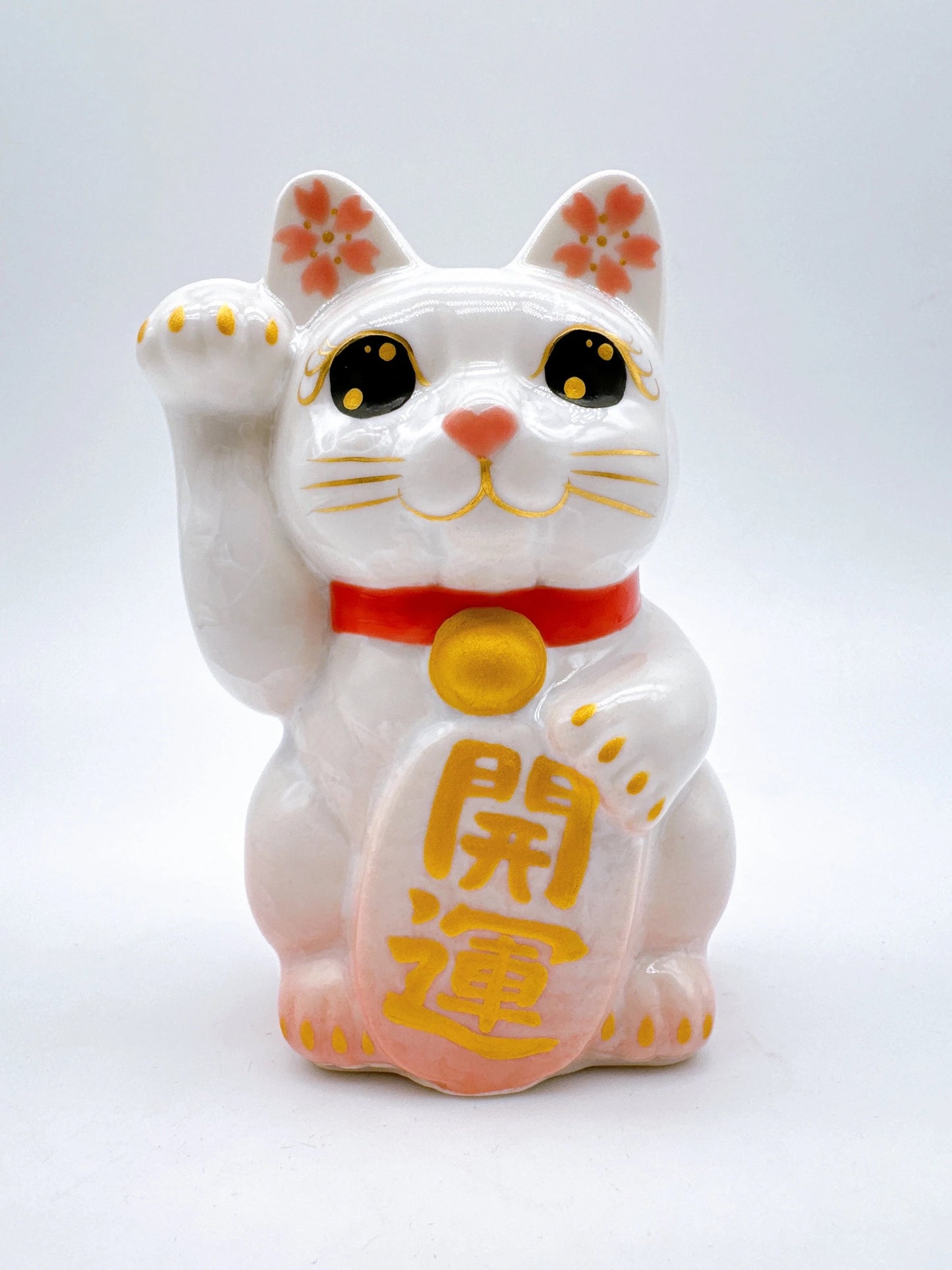 日本清水燒招財貓 花結晶 桃白 開運 右