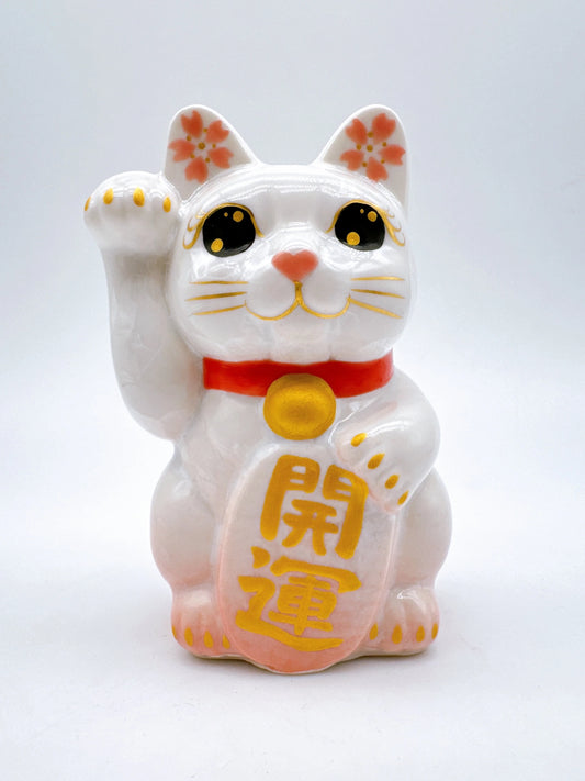 日本清水燒招財貓 花結晶 桃白 開運 右