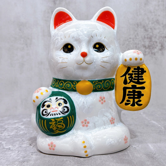 日本清水燒招財貓 達摩 花結晶 白 健康