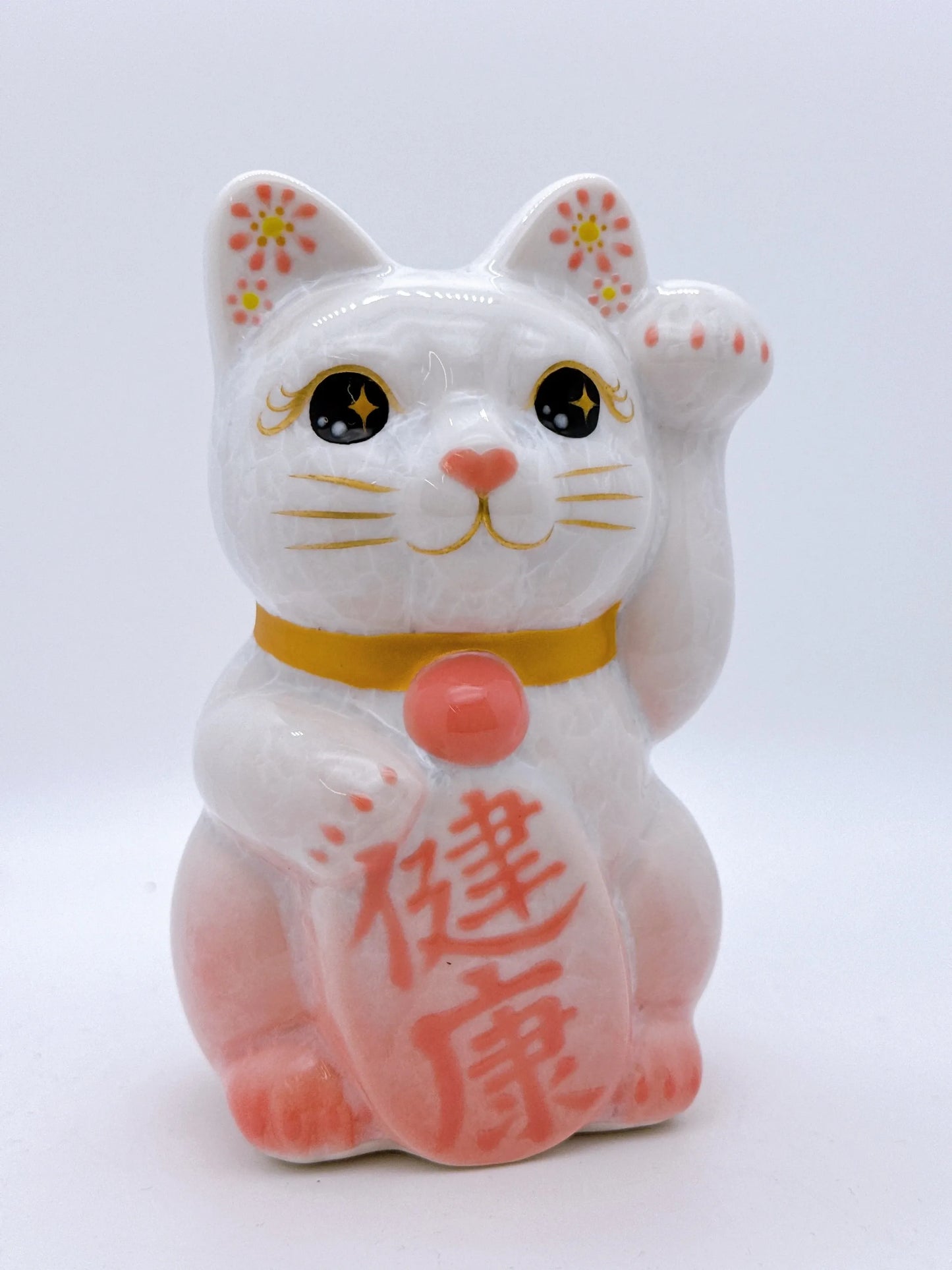 日本清水燒招財貓 花結晶 桃白 健康 左