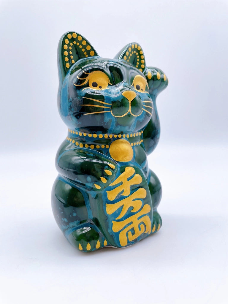日本清水烧招财猫 古地深绿 千万两 左