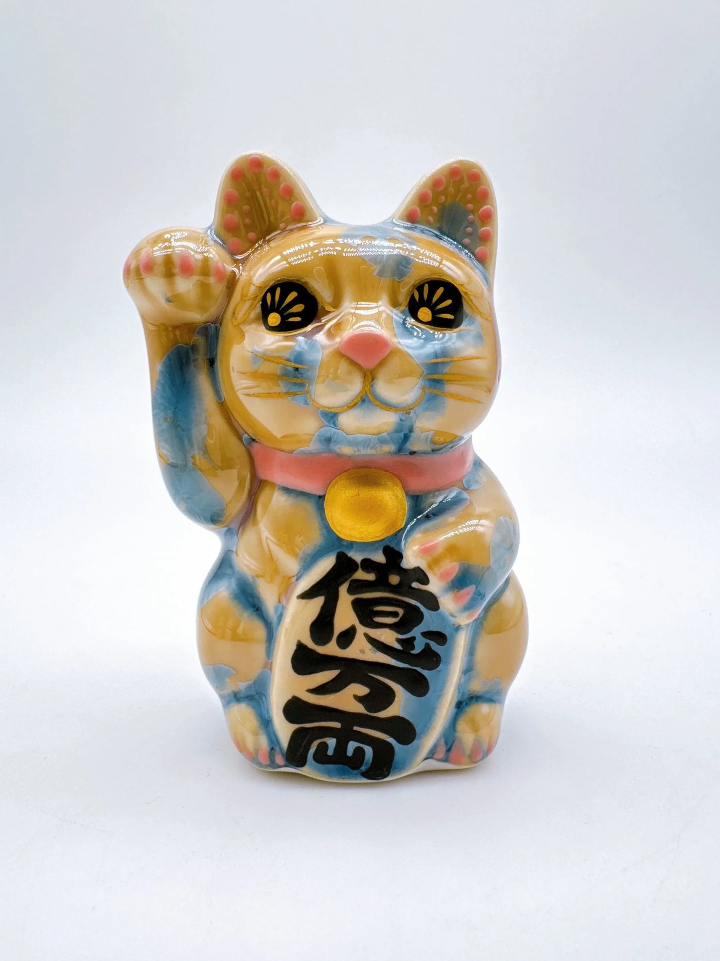 日本清水燒招財貓 花結晶 灰青 億万両 右 特小
