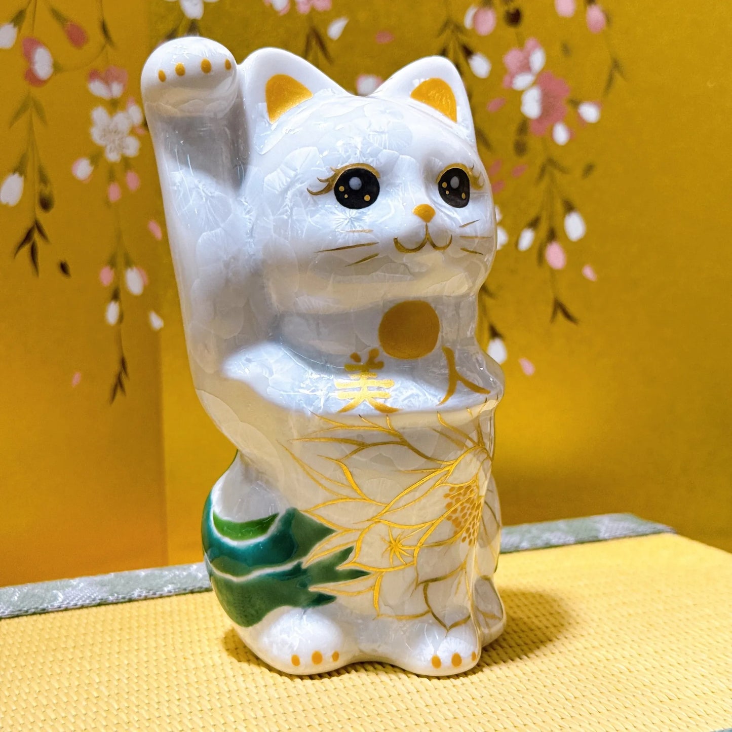 日本清水燒招財貓 花結晶 白 美人