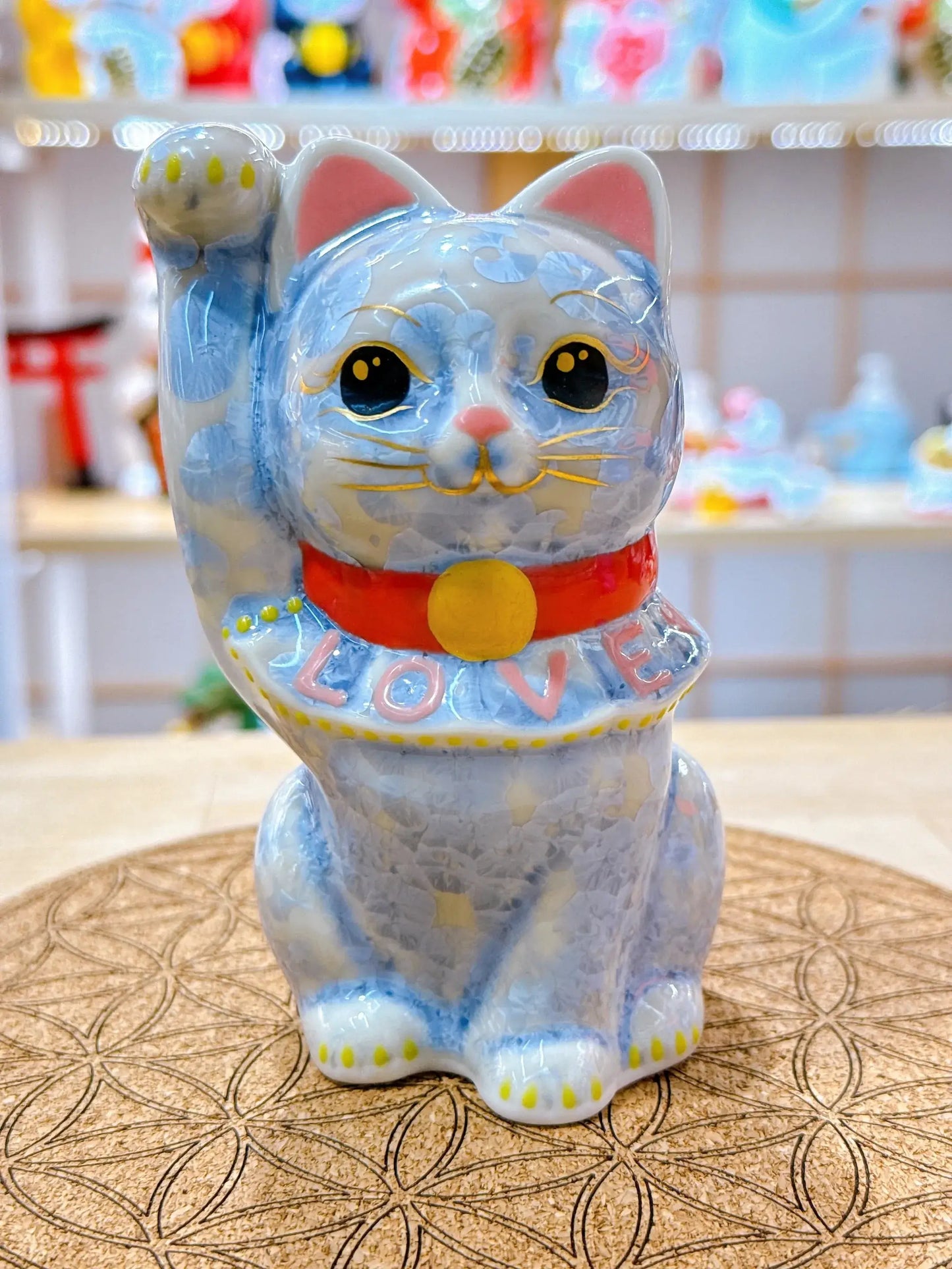 日本清水燒招財貓 花結晶 銀藤 LOVE