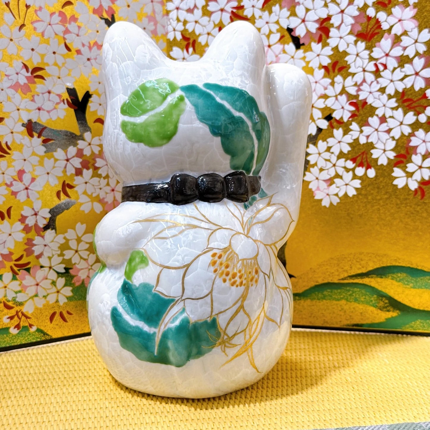 日本清水燒招財貓 花結晶 白 千万両 体花 右
