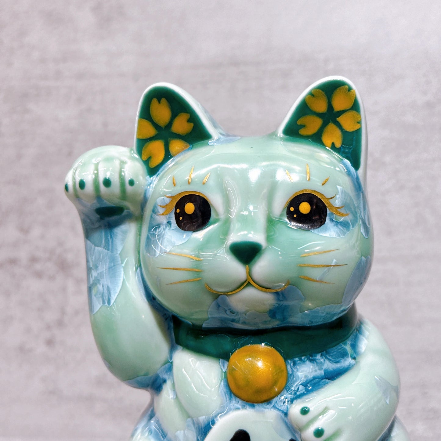 日本清水燒招財貓 花結晶 綠 健康 左