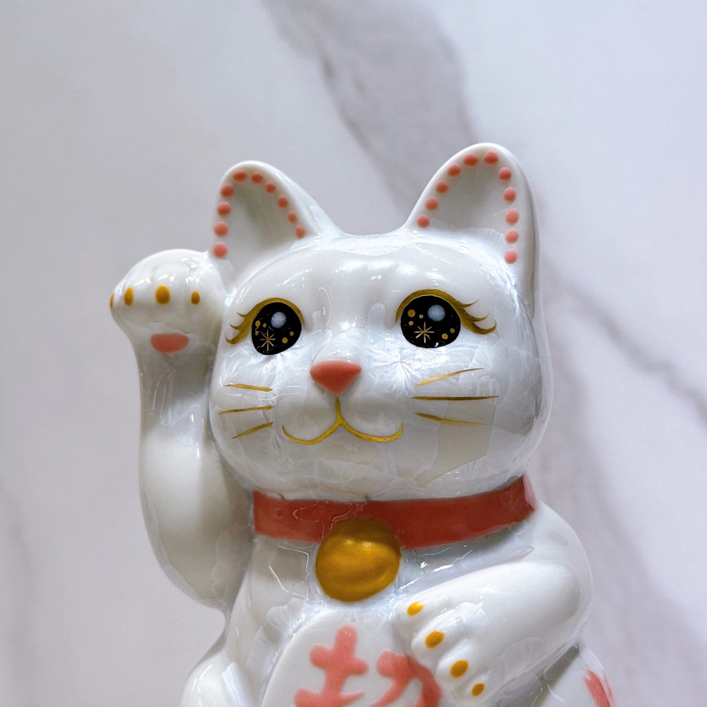 日本清水燒招財貓 花結晶 白 体花 招福 右