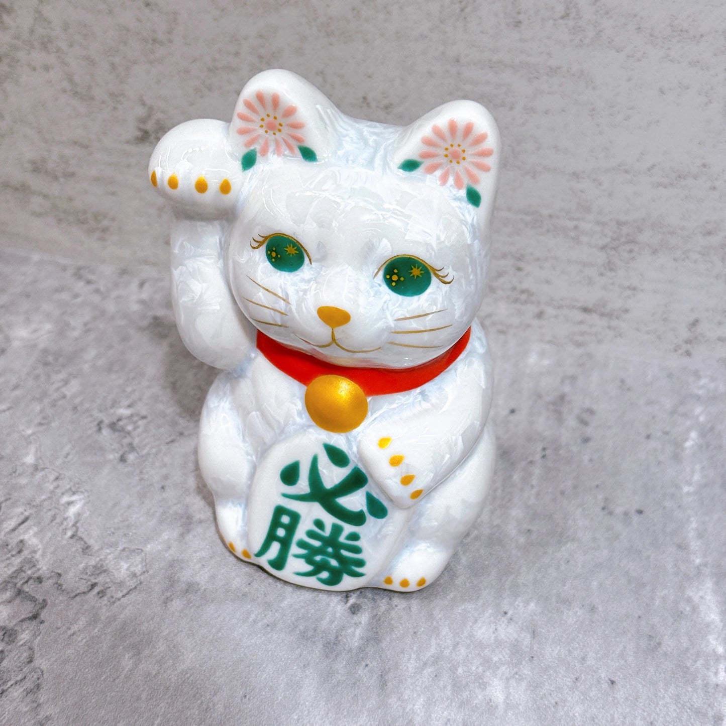 日本清水燒招財貓 花結晶 白 必勝 右 特小