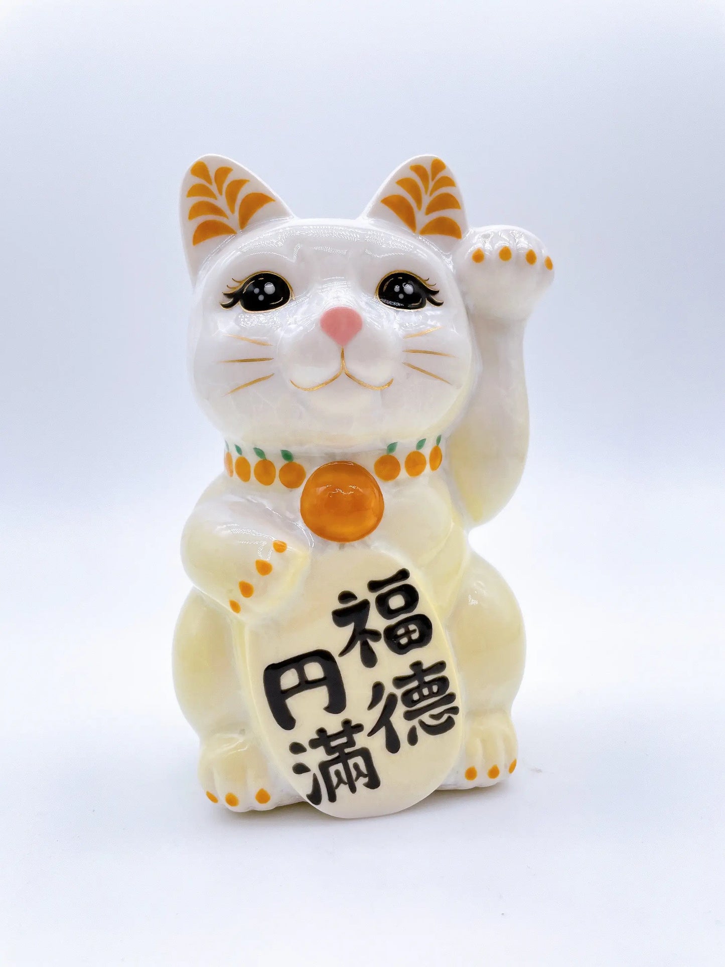 日本清水烧招财猫 花结晶 黄白 福德圆满