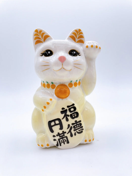 日本清水燒招財貓 花結晶 黃白 福德円滿