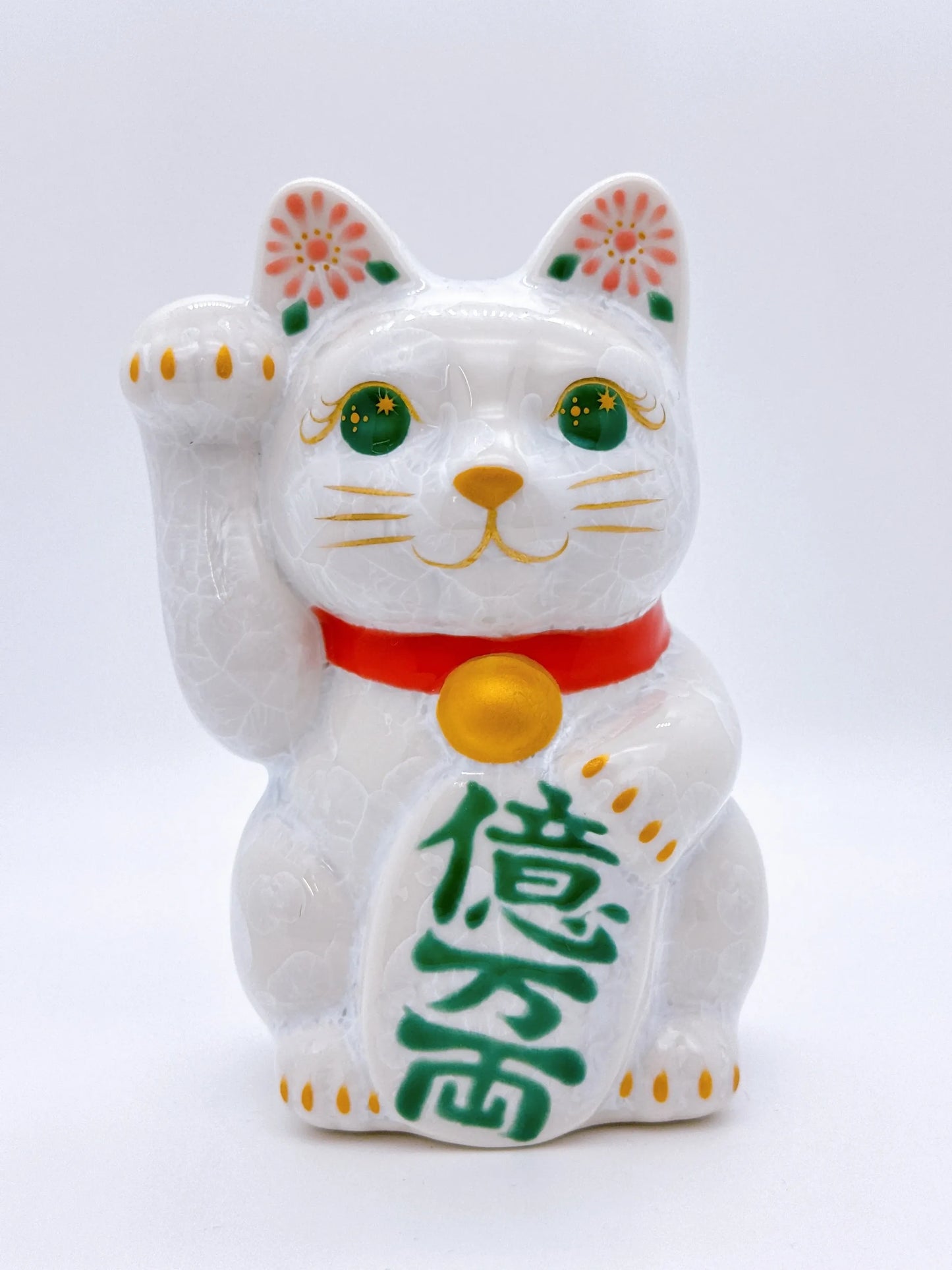 日本清水燒招財貓 花結晶 白 億万両 右