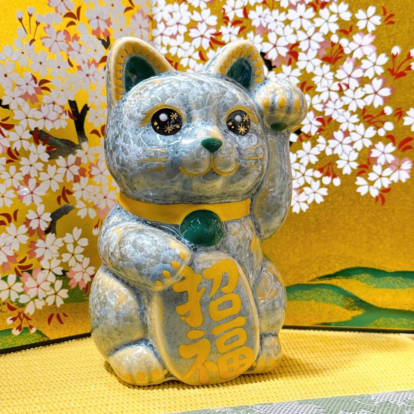 日本清水燒招財貓 花結晶 灰青 招福