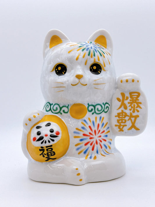 日本清水燒招財貓 達摩 花結晶 白 花火