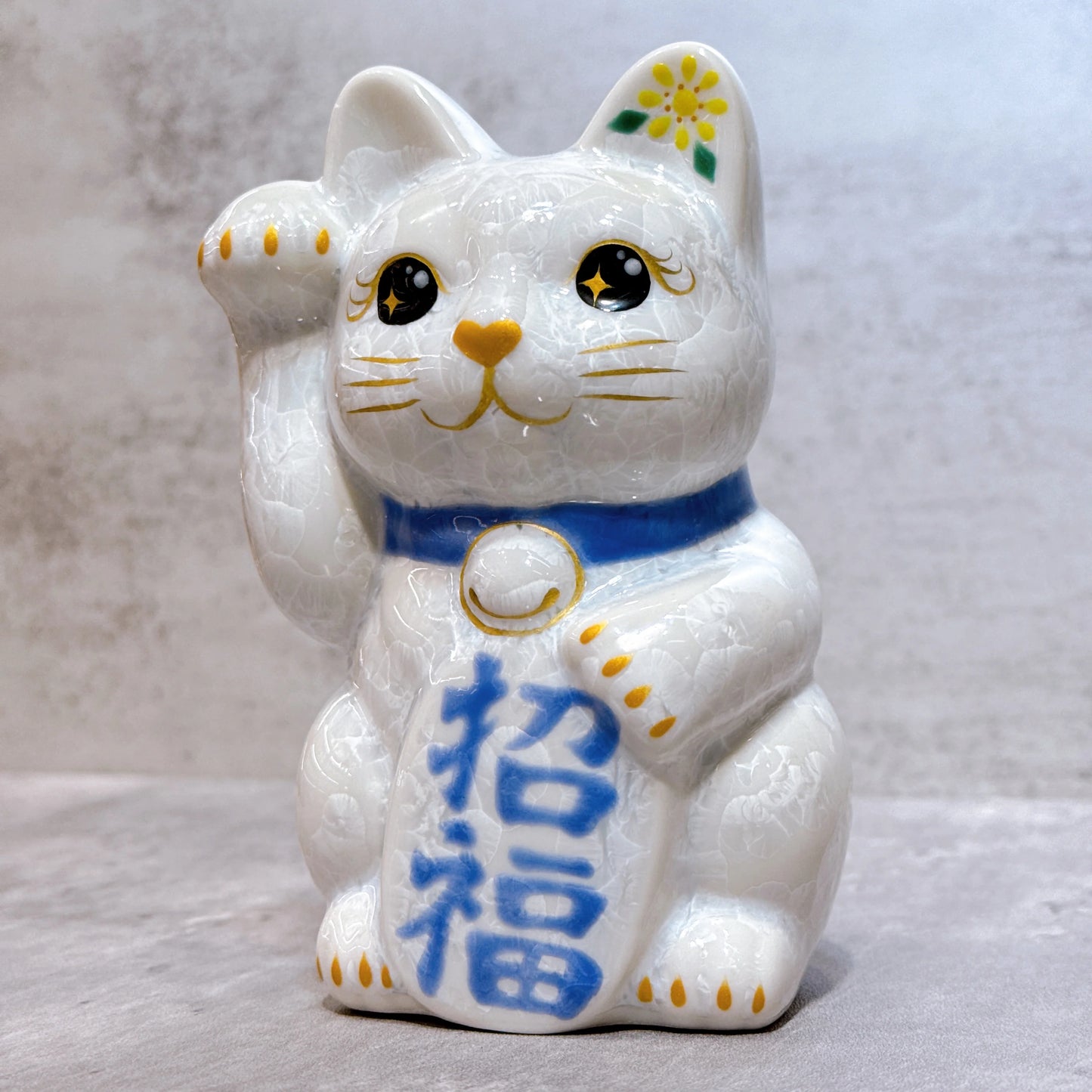 日本清水燒招財貓 花結晶 白 招福 右