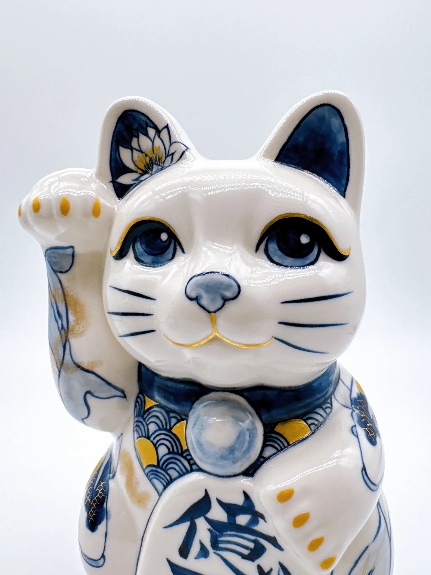 日本清水燒招財貓 染付 金彩鯉 特大