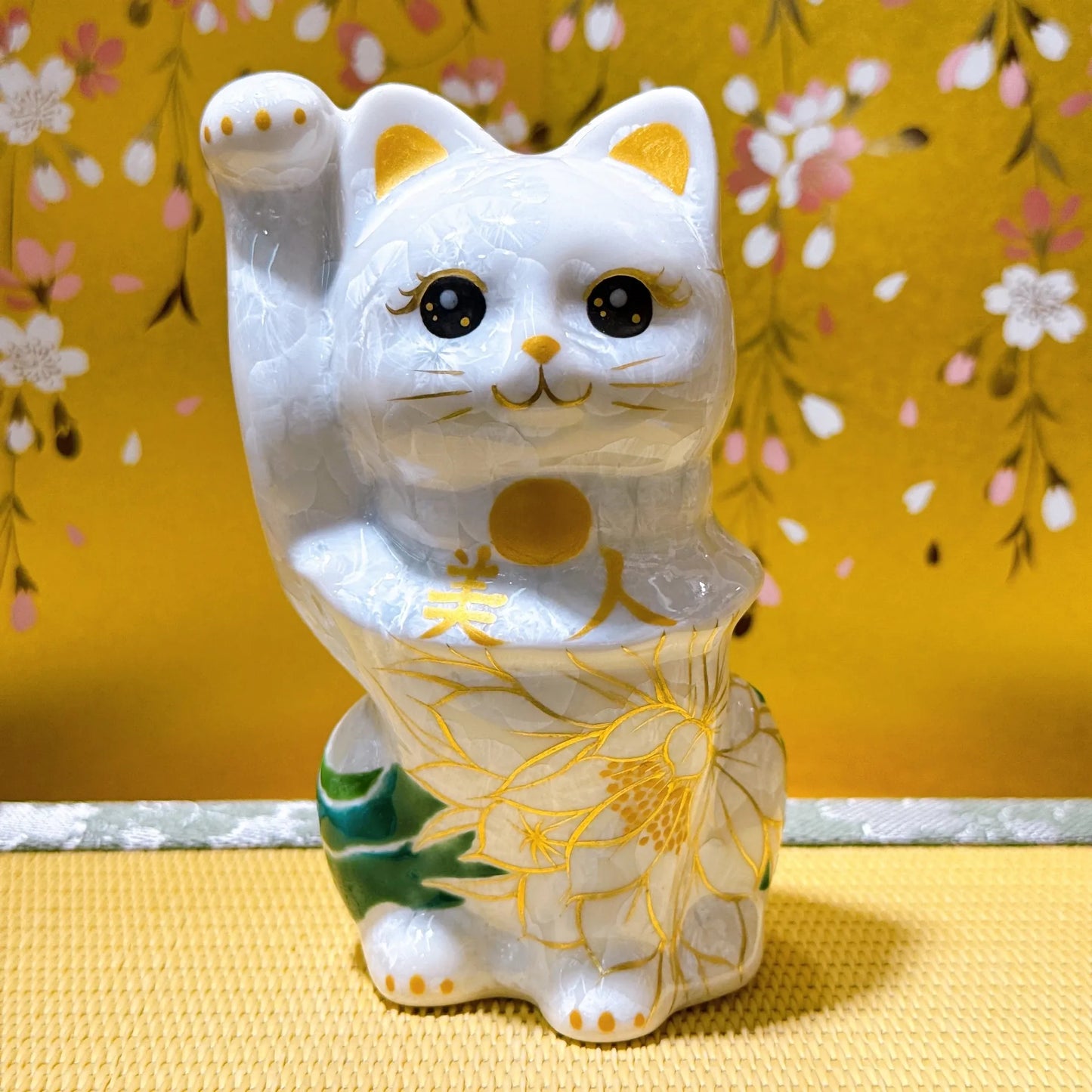 日本清水燒招財貓 花結晶 白 美人