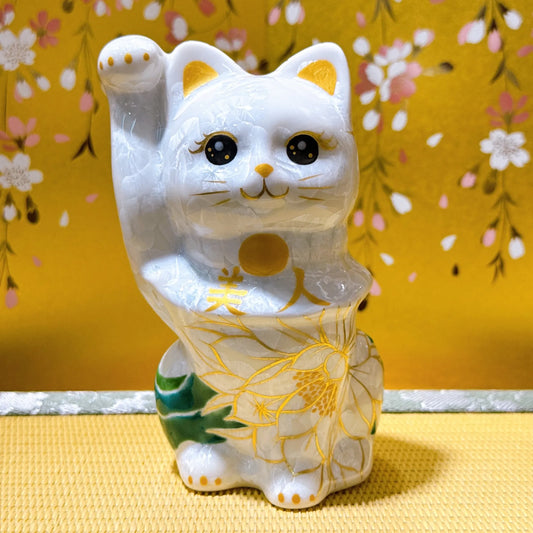 日本清水燒招財貓 花結晶 白 美人
