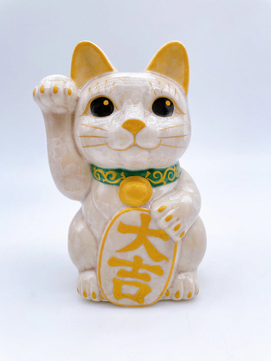 日本清水燒招財貓 花結晶 杏 大吉