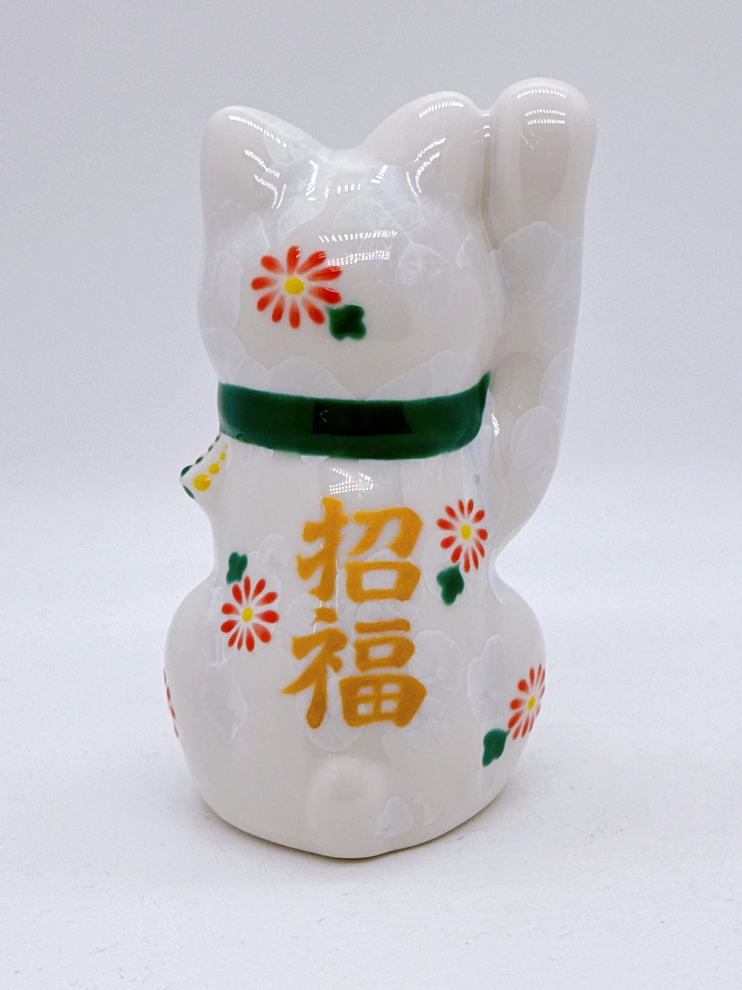 日本清水燒招財貓 花結晶 白 招福