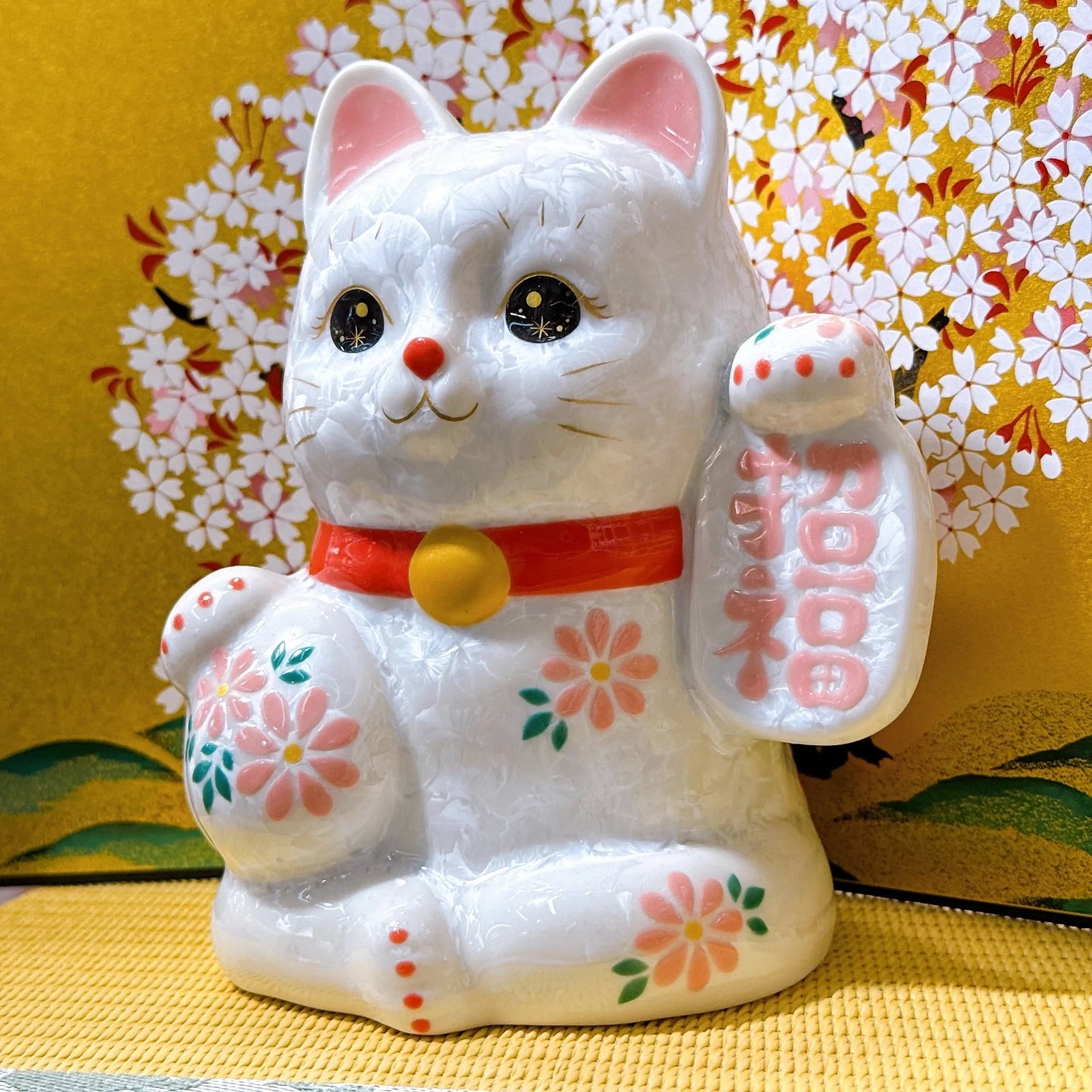 日本清水燒招財貓 花結晶 白 招福