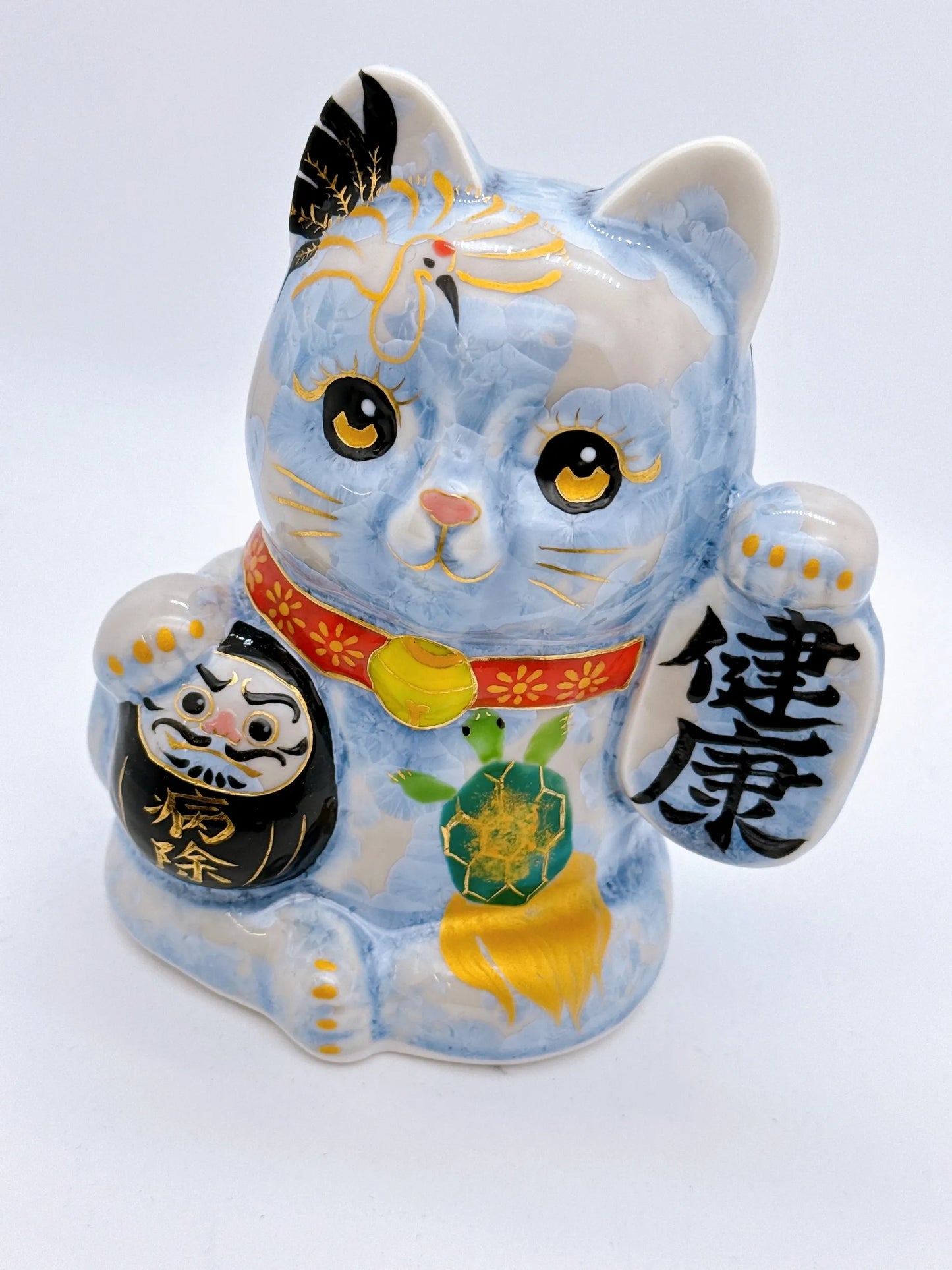 日本清水燒招財貓 達摩 花結晶 銀藤 健康