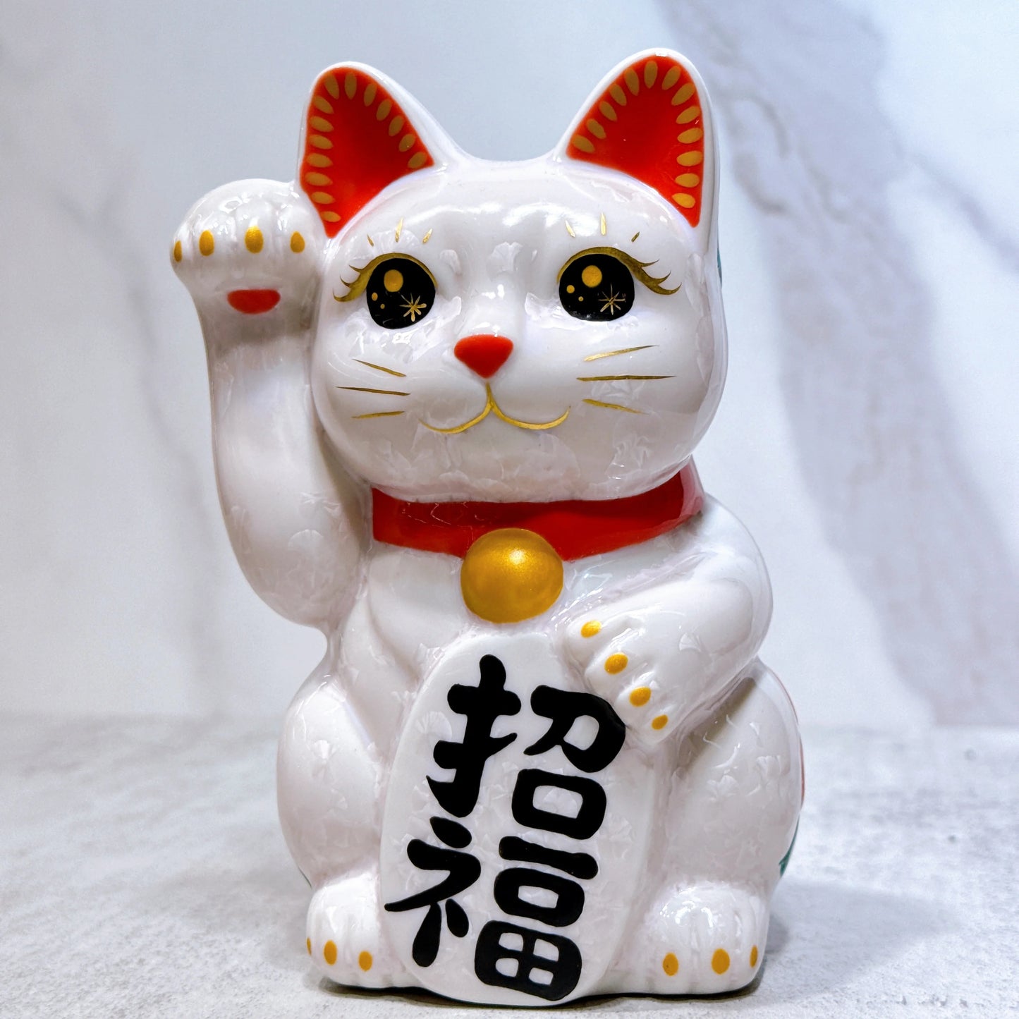 日本清水燒招財貓 花結晶 桃 体花 招福 右