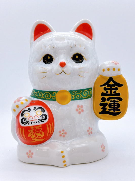 日本清水燒招財貓 達摩 花結晶 白 金運