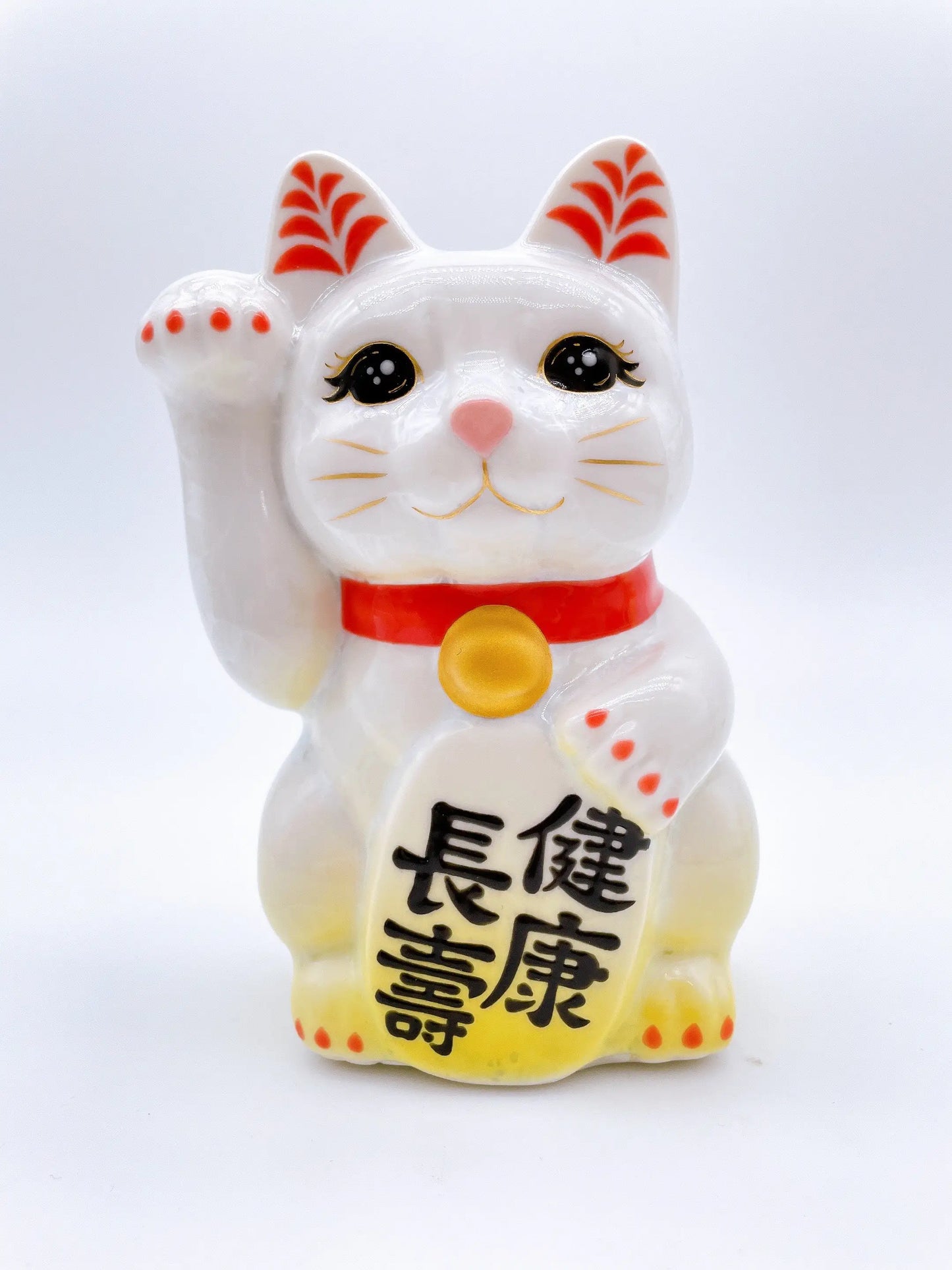 日本清水烧招财猫 花结晶 黄白 健康长寿
