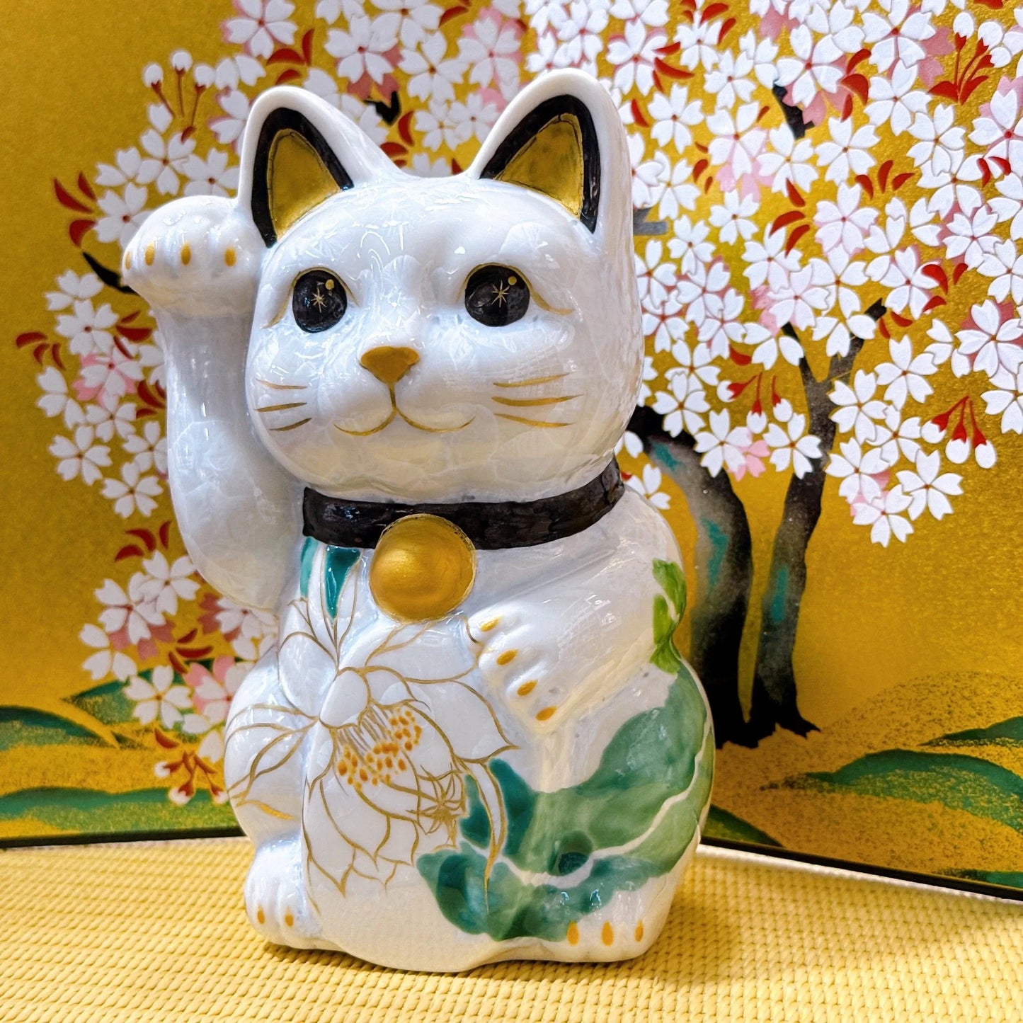 日本清水燒招財貓 花結晶 白 千万両 体花 右