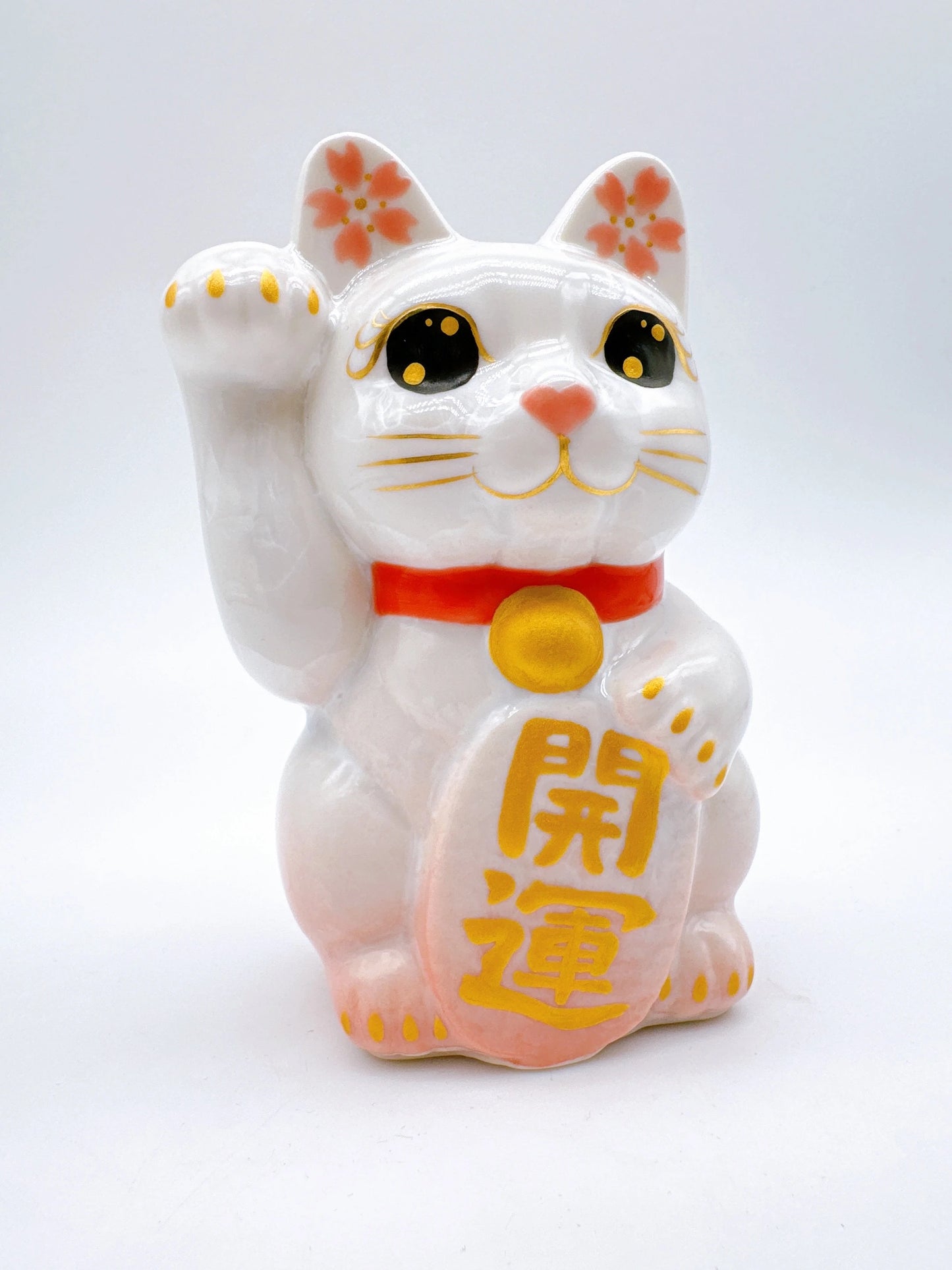 日本清水燒招財貓 花結晶 桃白 開運 右
