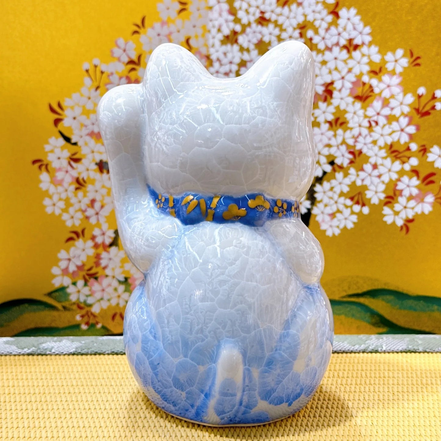 日本清水燒招財貓 花結晶 青白 健康 左