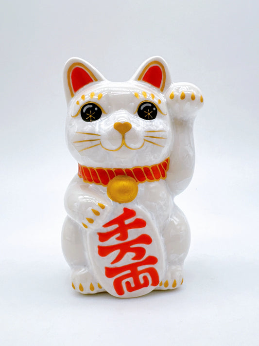 日本清水燒招財貓 花結晶 白 千万両 左