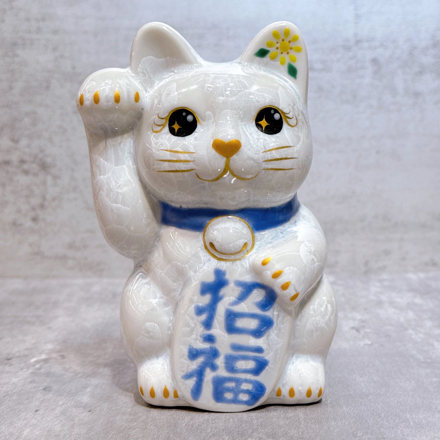 日本清水燒招財貓 花結晶 白 招福 右