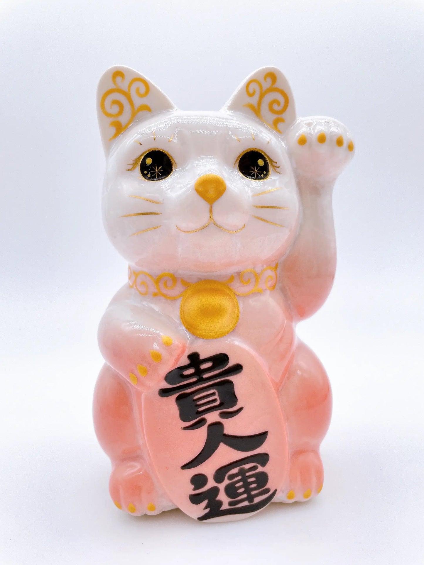 日本清水烧招财猫 花结晶 桃白 贵人运