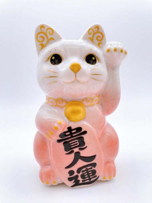 日本清水燒招財貓 花結晶 桃白 貴人運