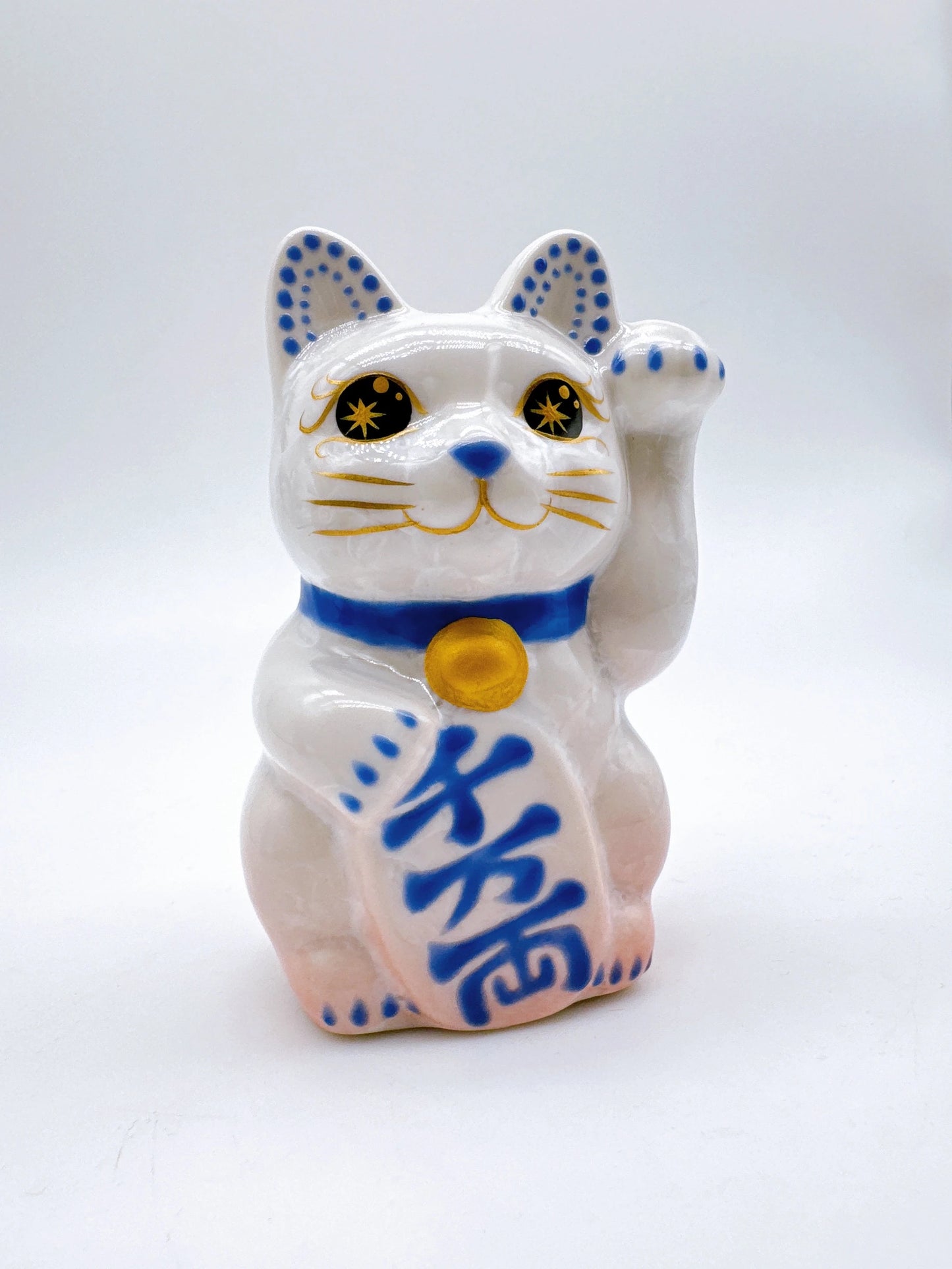 日本清水燒招財貓 花結晶 桃白 千万両 左 特小