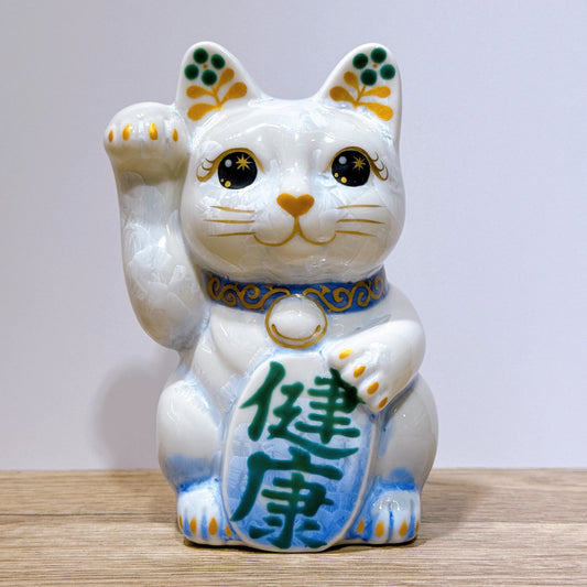 日本清水燒招財貓 花結晶 青白 健康 右