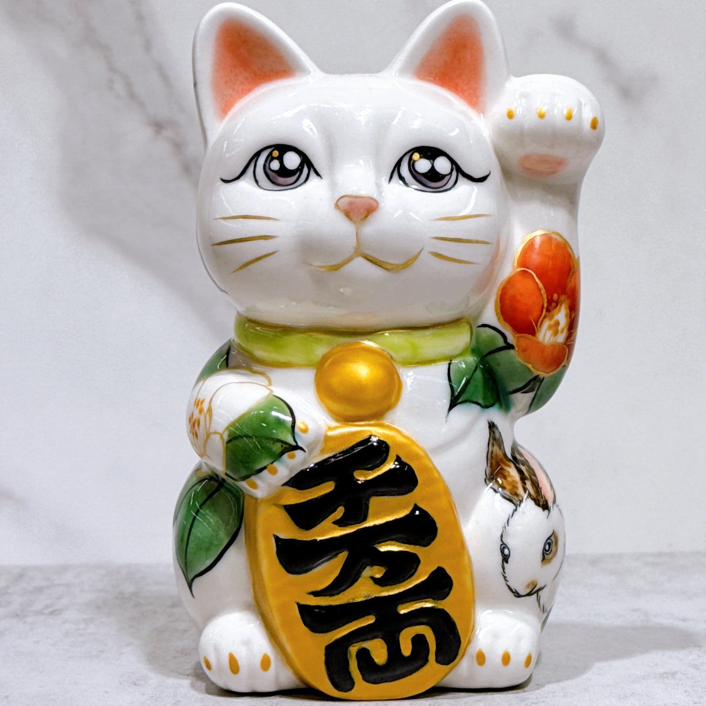 日本清水燒招財貓 色繪 榕花小兔