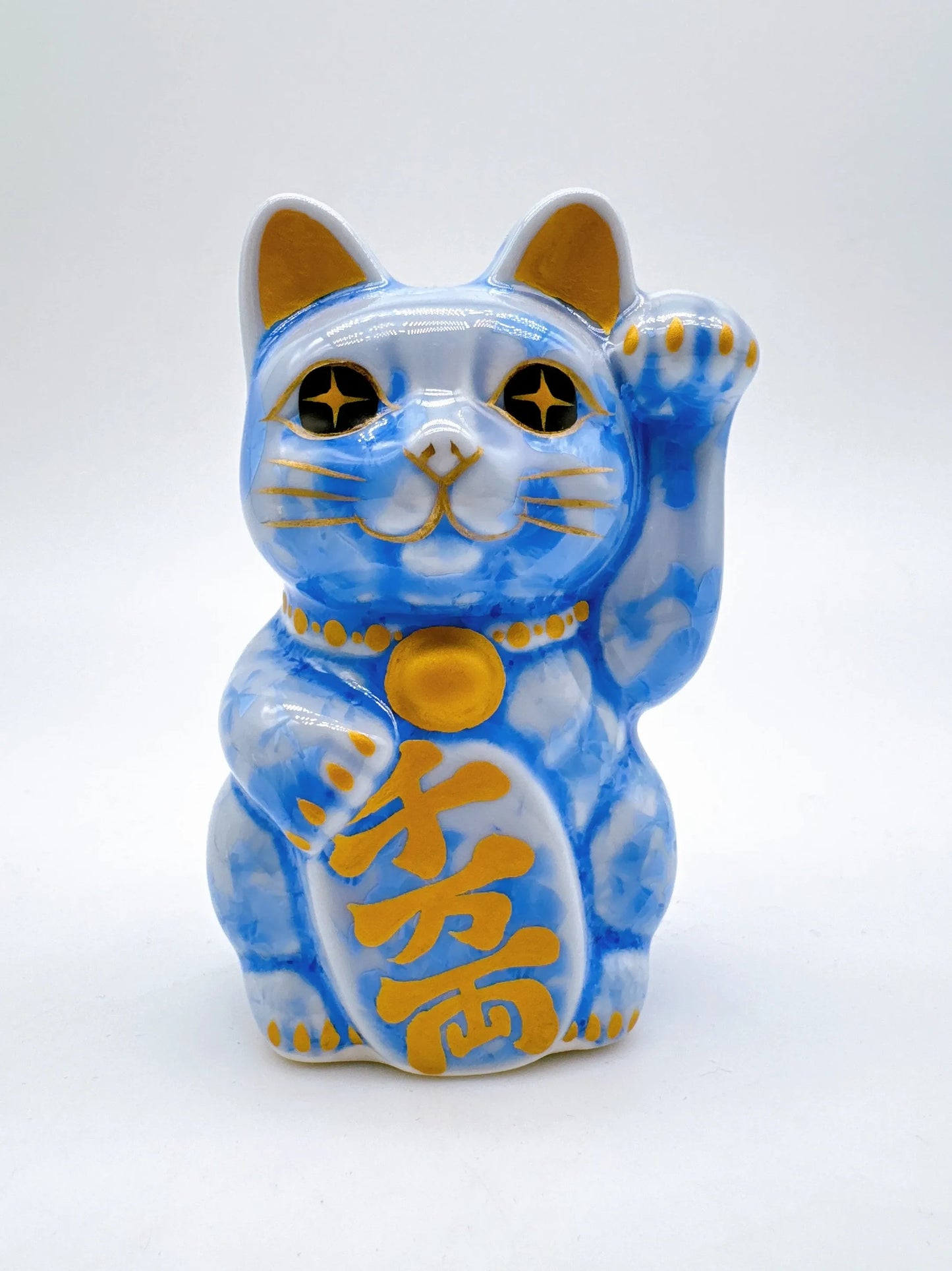 日本清水燒招財貓 花結晶 青 千万両 左 特小