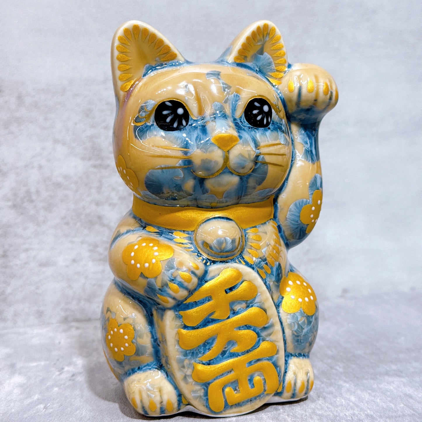 日本清水燒招財貓 花結晶 灰青 体花 千万両