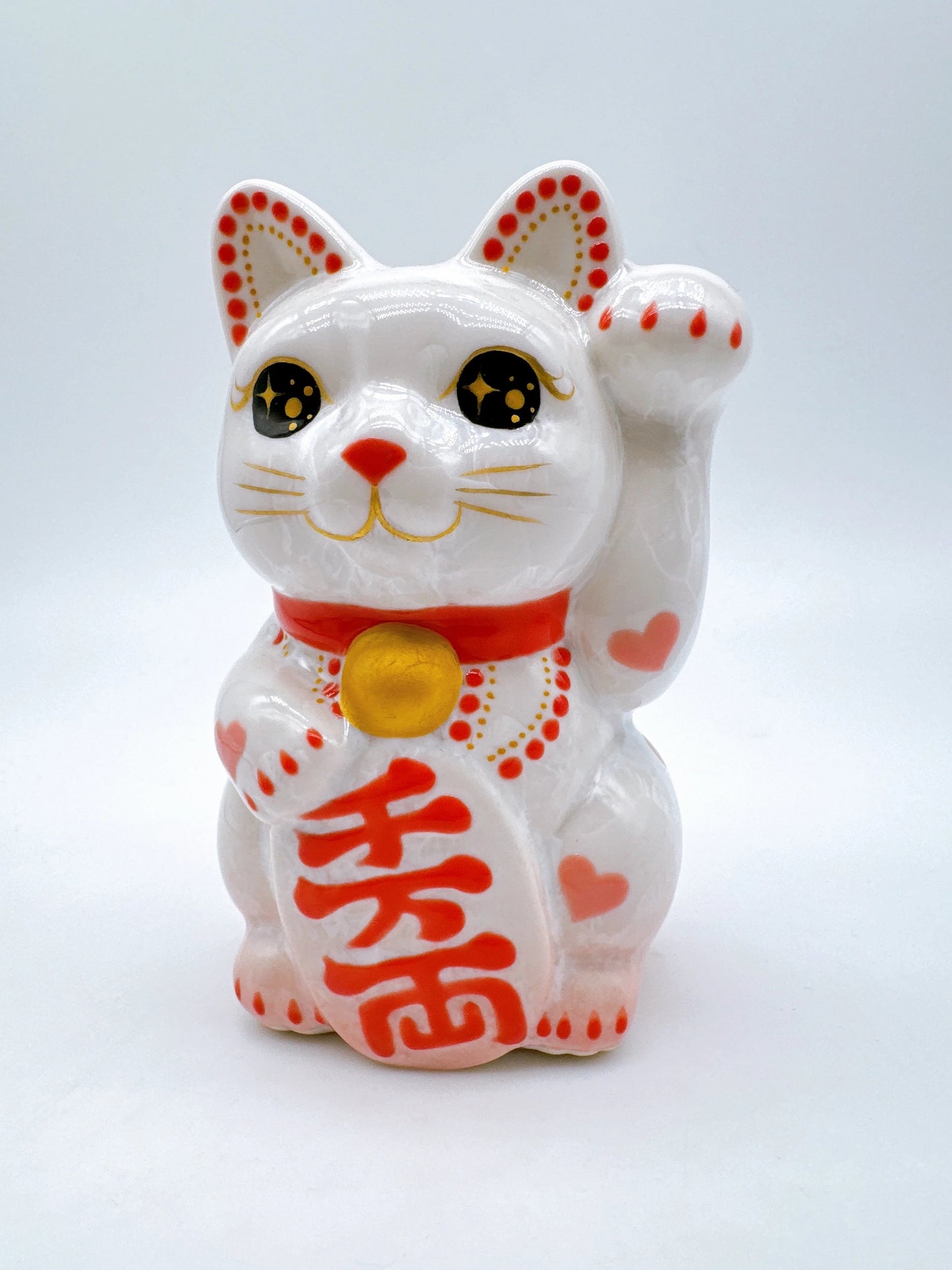 日本清水燒招財貓 花結晶 桃白 体心 千万両 左