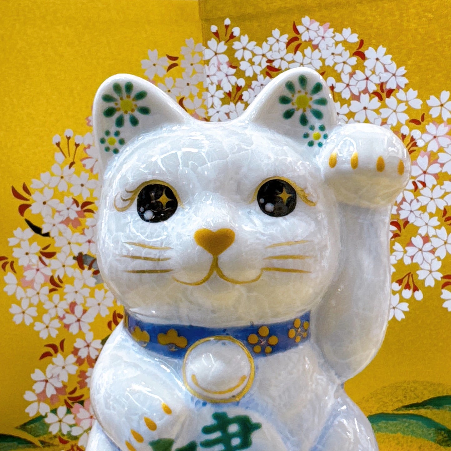 日本清水燒招財貓 花結晶 青白 健康 左