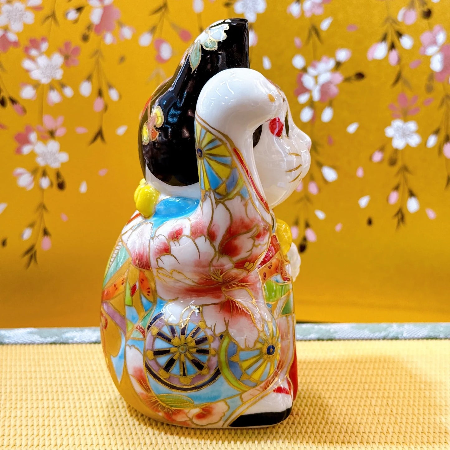 日本清水烧招财猫 色绘 舞伎玄华