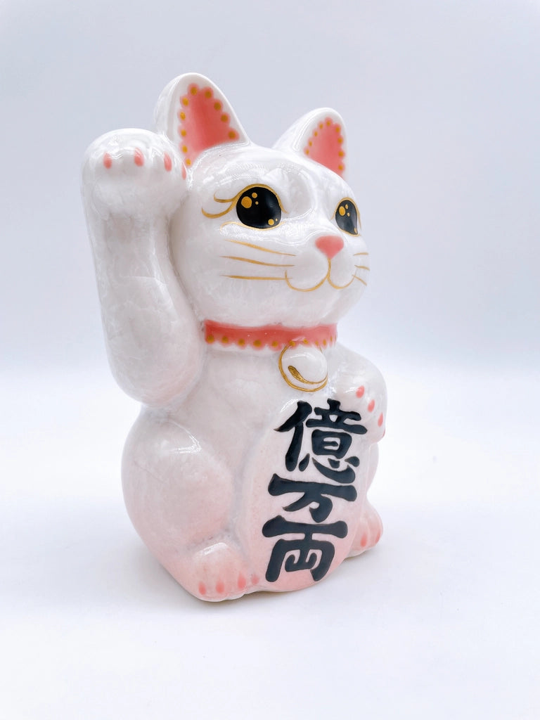 日本清水烧招财猫 花结晶 桃白 亿万两 右