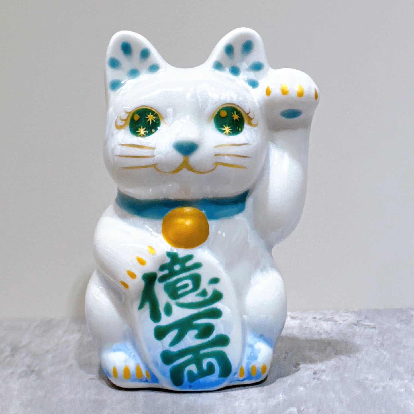 日本清水燒招財貓 花結晶 青白 億万両 左 特小